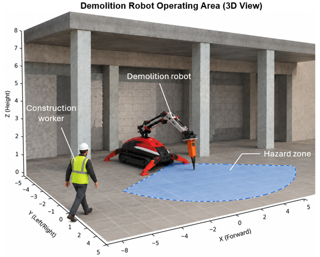 Demolition robot operating area and hazard zone used in construction robotics research